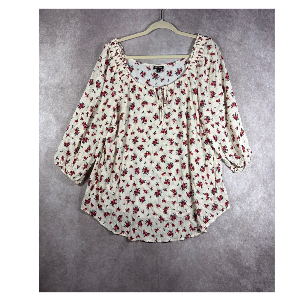 Torrid Blouse Womens 2 2X Cream Floral Peasant Top Boho 3/4 Sleeve Festival